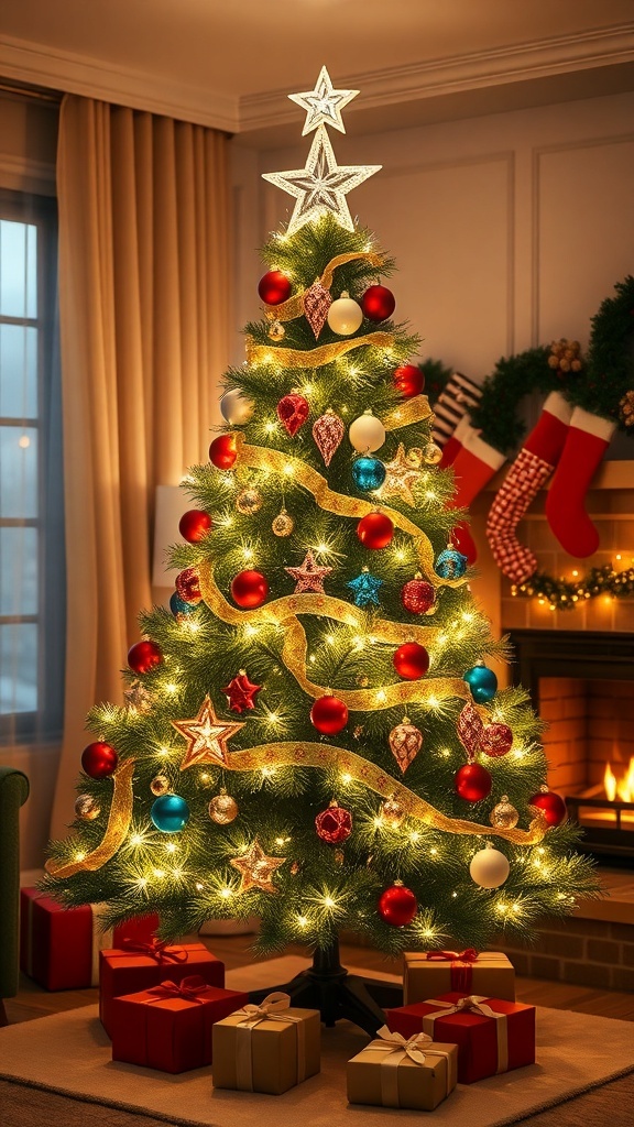 A 1.5m Christmas tree decorated with lights and ornaments in a cozy living room.